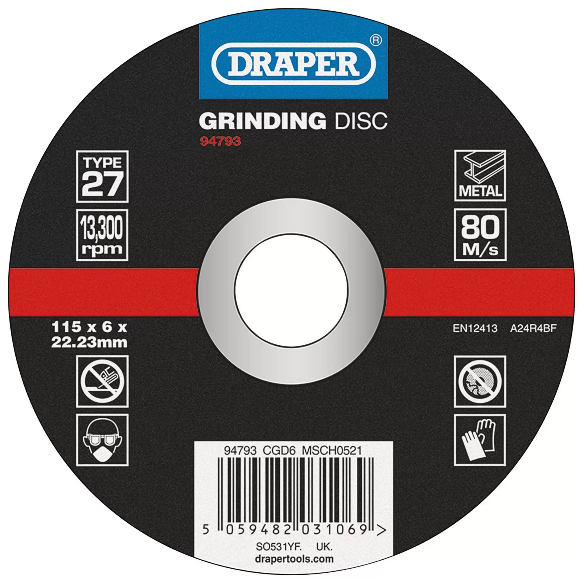 Draper Tools - 94793 - DPC Metal Grinding Disc, 115 x 6 x 22.23mm