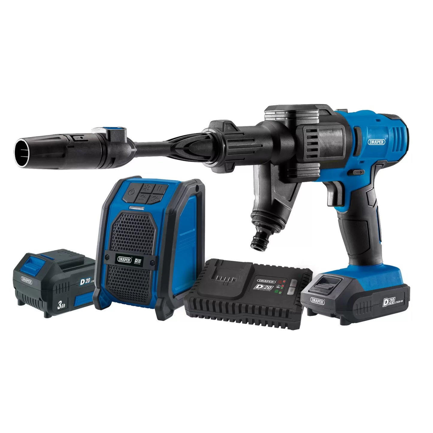 Draper Tools - 94796 - D20 20V Pressure Washer, D20 20V Wireless Speaker, 1 x 2.0Ah, 1 x 3.0Ah, 1 x Fast Charger