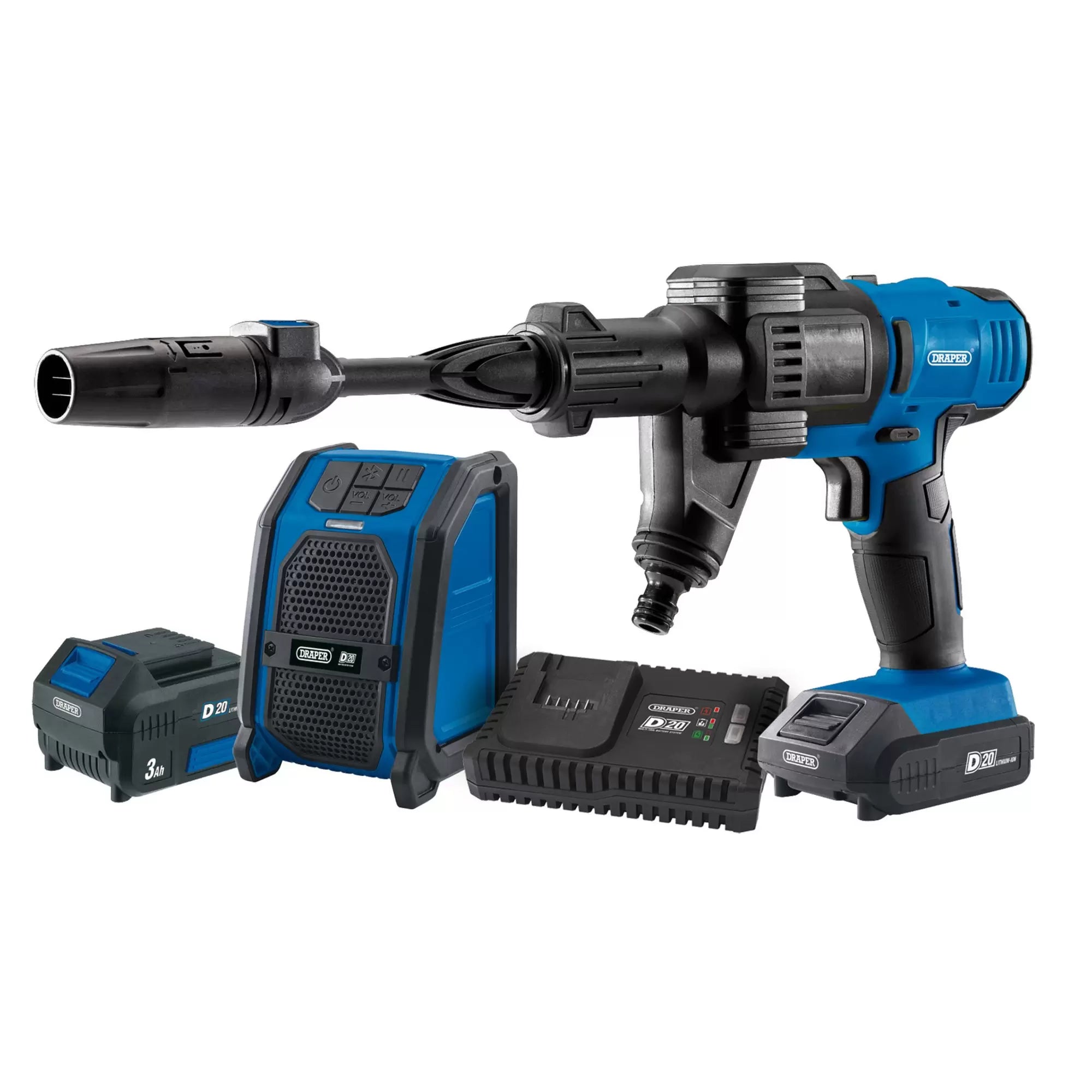 Draper Tools - 94796 - D20 20V Pressure Washer, D20 20V Wireless Speaker, 1 x 2.0Ah, 1 x 3.0Ah, 1 x Fast Charger