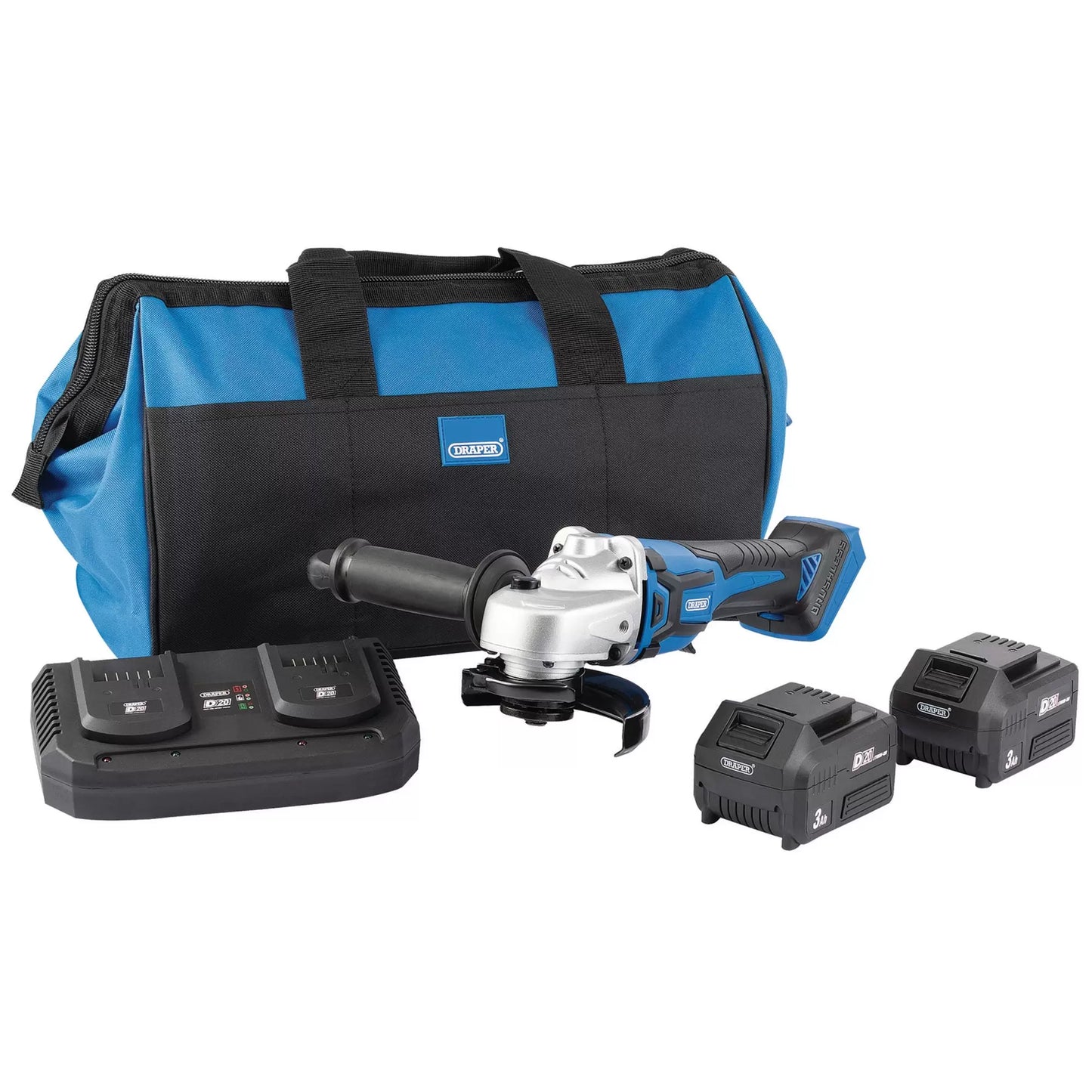 Draper Tools - 99734 - D20 20V Brushless Grinder, 115mm, 2 x 3.0Ah Batteries, 1 x Twin Charger, 1 x Bag