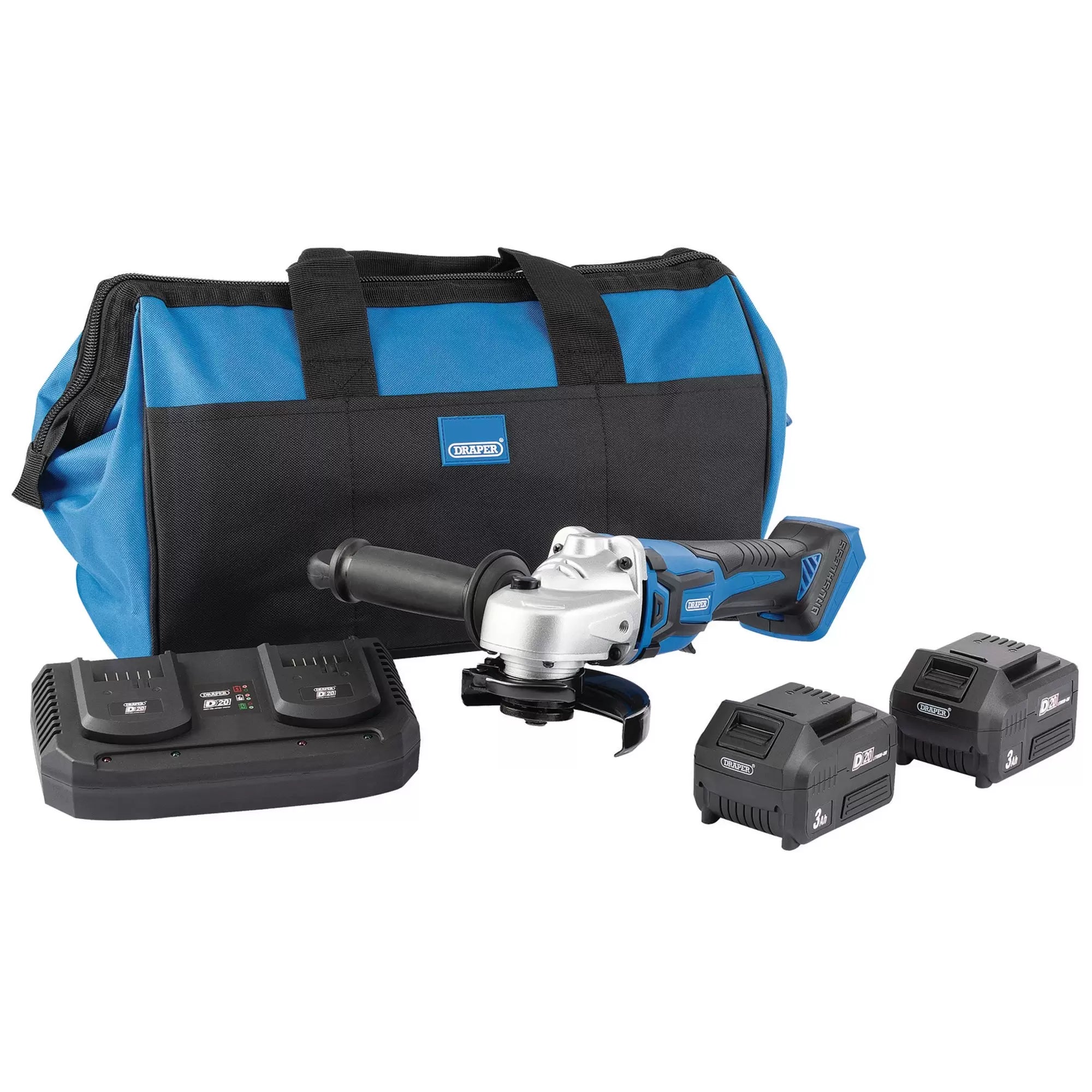 Draper Tools - 99734 - D20 20V Brushless Grinder, 115mm, 2 x 3.0Ah Batteries, 1 x Twin Charger, 1 x Bag