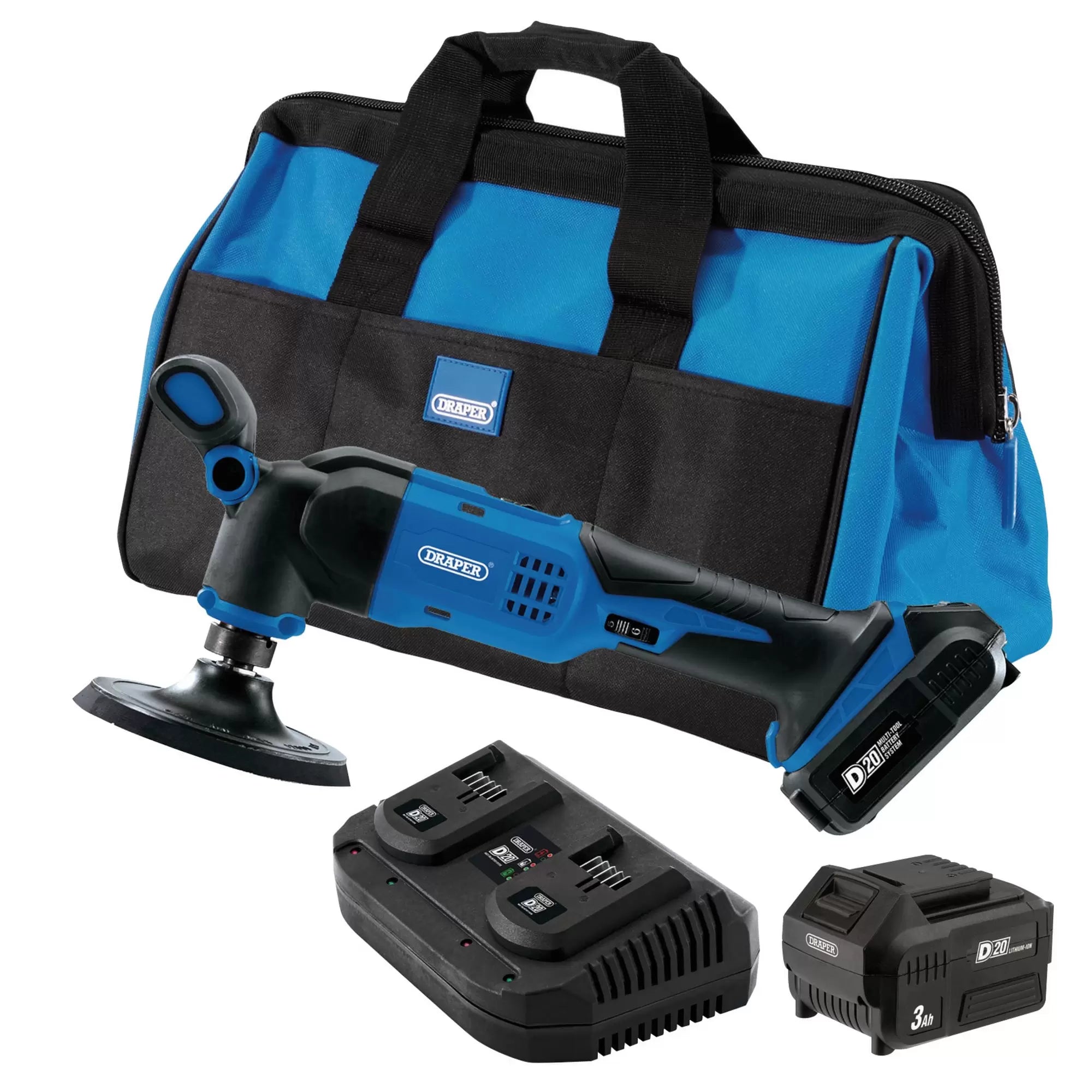 Draper Tools - 99735 - D20 20V Dual Action Polisher Kit, 125mm, 2 x 3.0Ah Batteries, 1 x Fast Charger