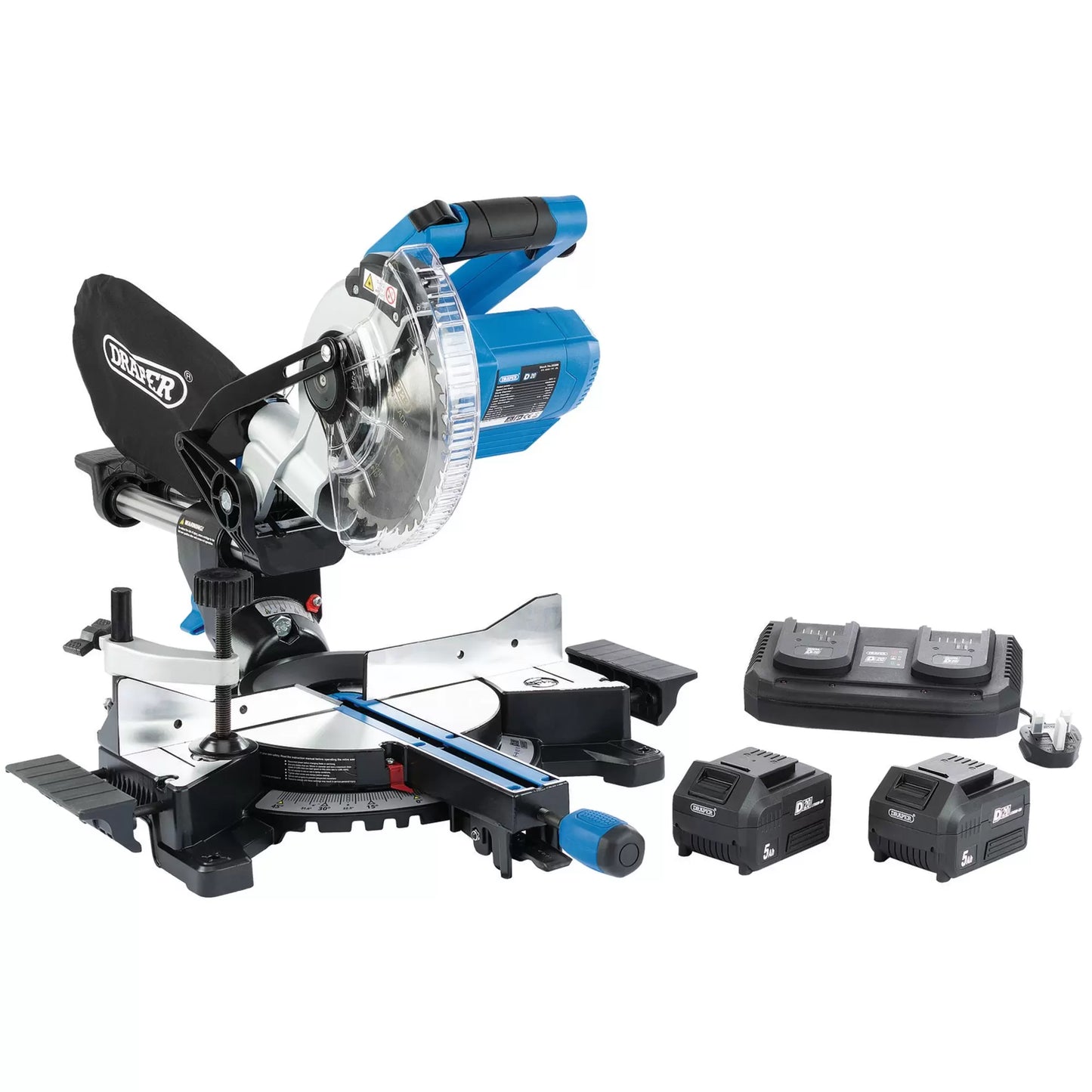 Draper Tools - 99765 - D20 20V Brushless Sliding Compound Mitre Saw, 185mm, 2 x 5Ah Batteries, 1 x Charger