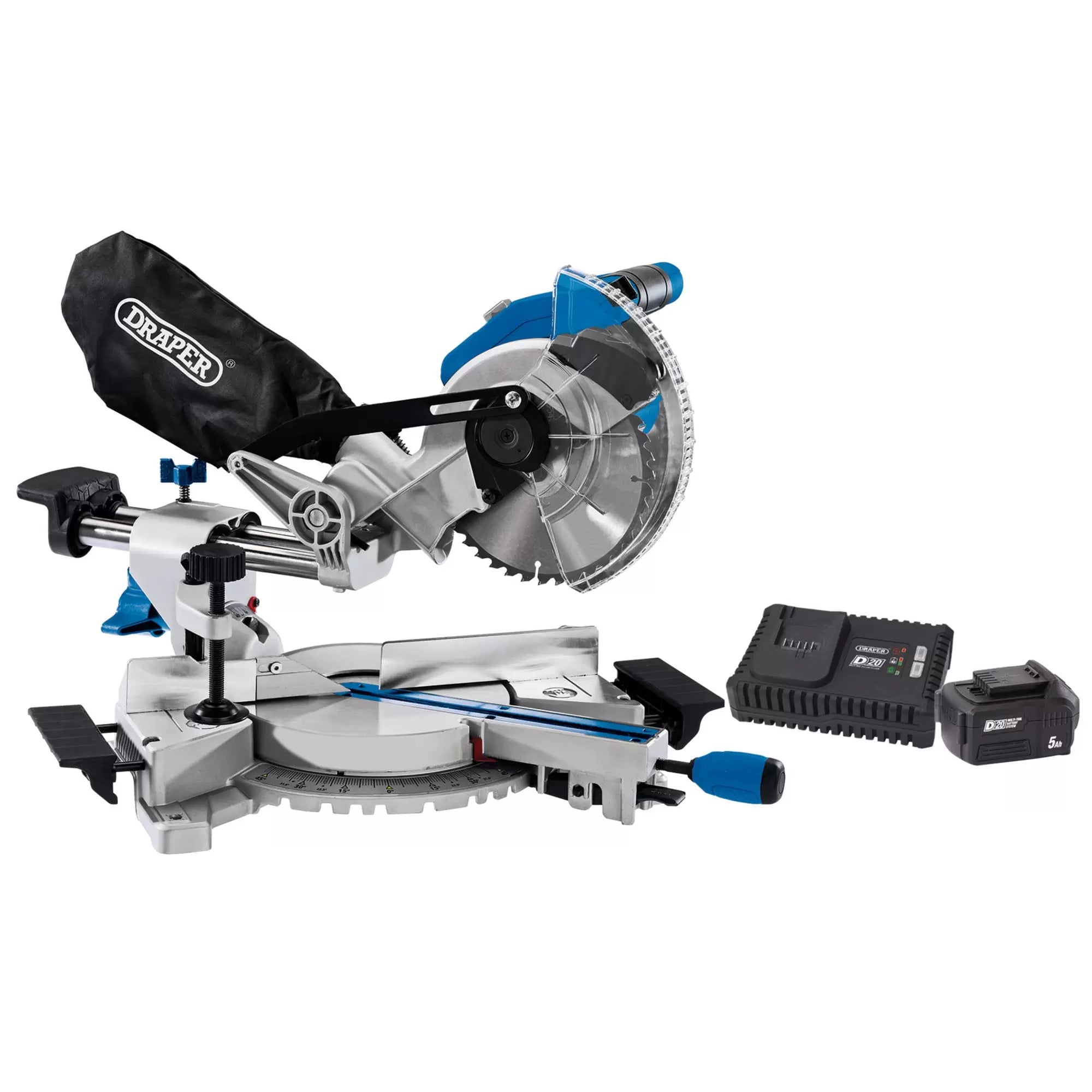 Draper Tools - 99970 - D20 20V Brushless Sliding Compound Mitre Saw, 185mm, 1 x 5.0Ah Battery, 1 x Fast Charger