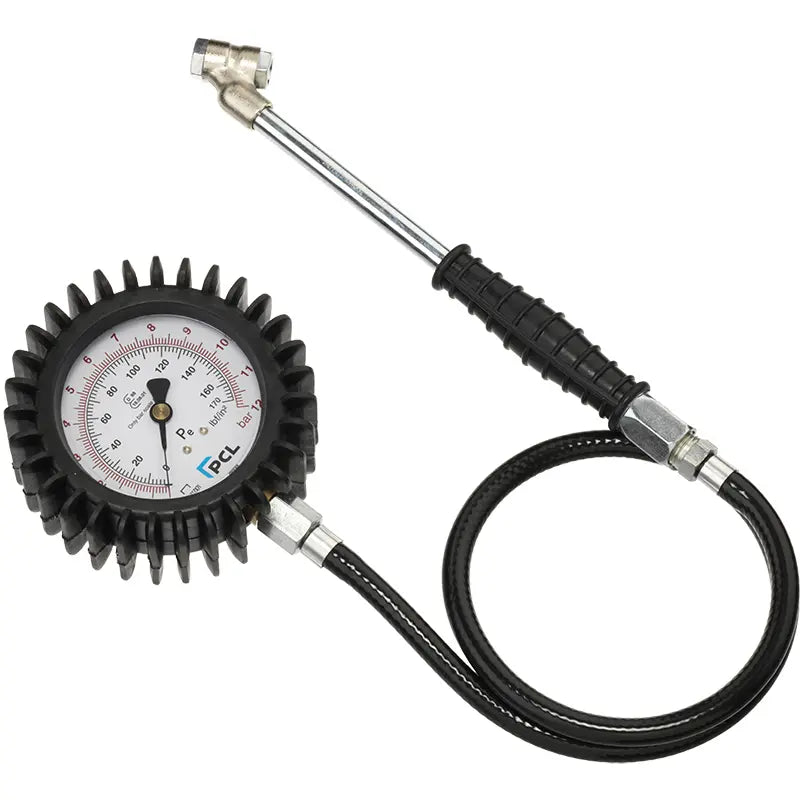 PCL DPG3H03 - Tyre Check Dial gauge (80mm Dia) 0-170 psi & 0-12 bar, Twin Hold-On Connector