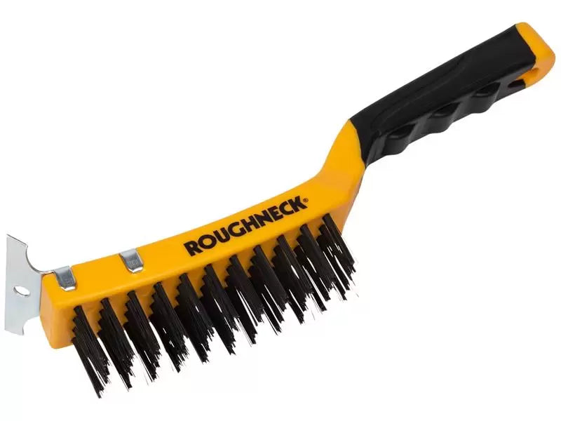 Roughneck - ROU52042 - Carbon Steel Wire Brush Soft Grip with Scraper 300mm (12in) - 4 Row