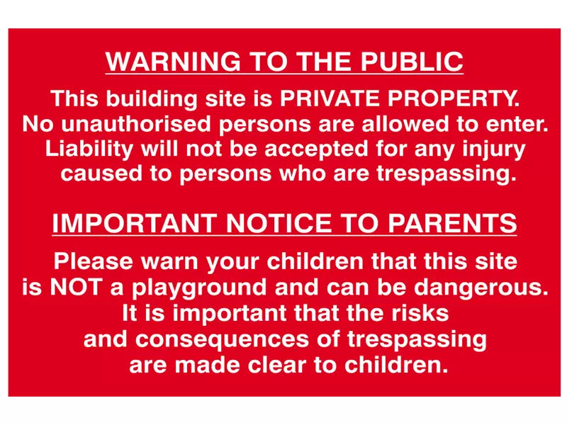 Scan - SCA4251 - Building Site Warning to Public & Parents - PVC Sign 600 x 400mm