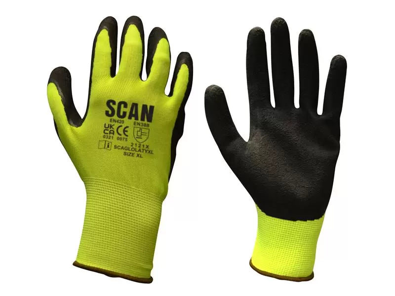 Scan - SCAGLOLATYM - Hi-Vis Yellow Foam Latex Coated Gloves - M (Size 8)