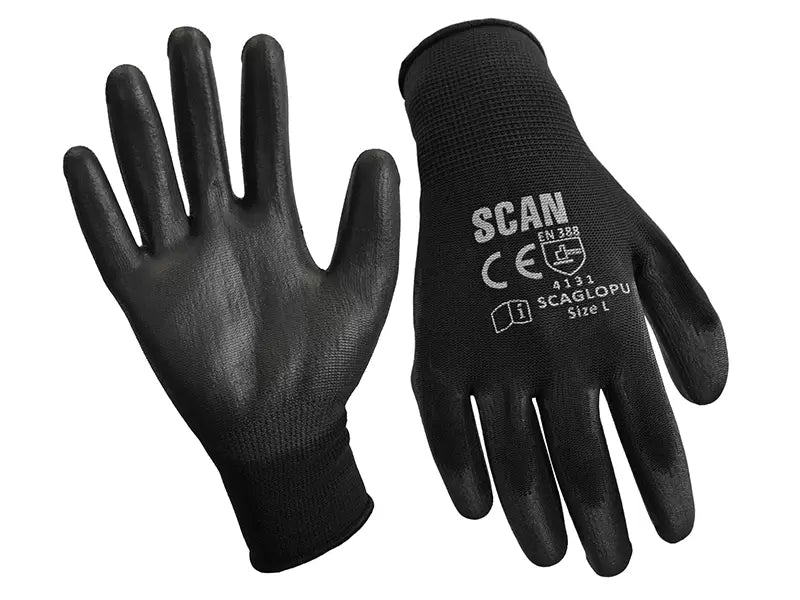 Scan - SCAGLOPU12M - Black PU Coated Gloves - M (Size 8) (12 Pairs)
