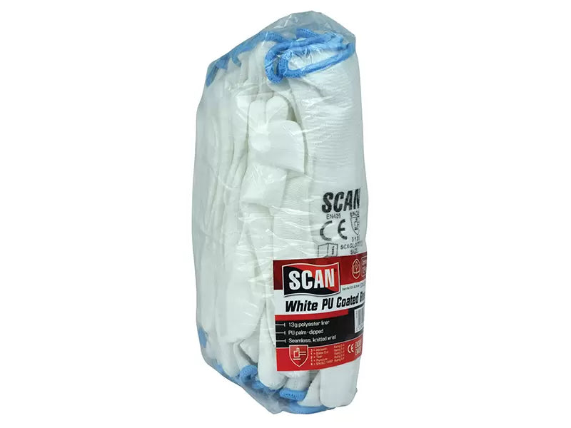 Scan - SCAGLOPUW12L - White PU Coated Gloves - L (Size 9) (Pack 12)