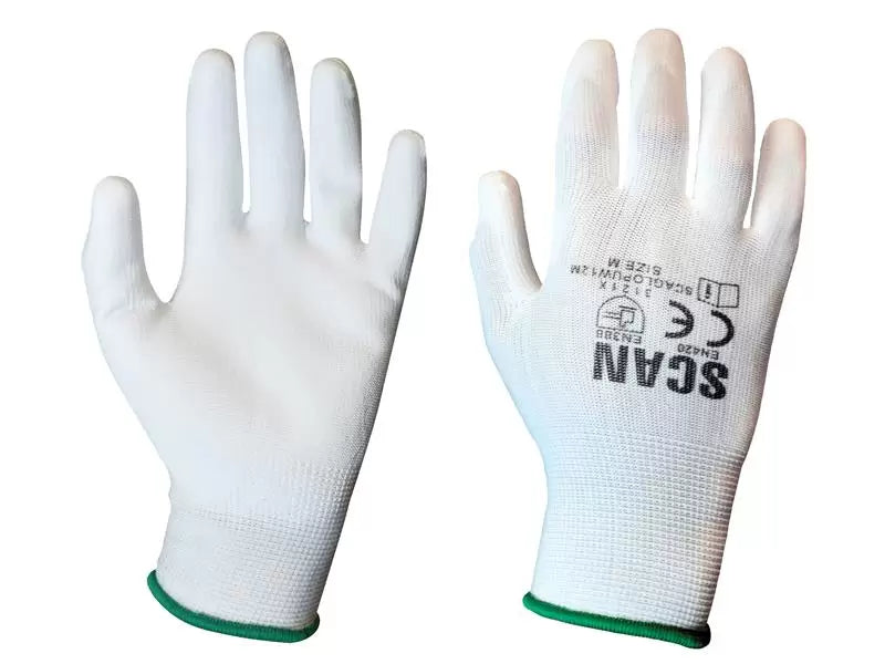 Scan - SCAGLOPUW12M - White PU Coated Gloves - M (Size 8) (Pack 12)