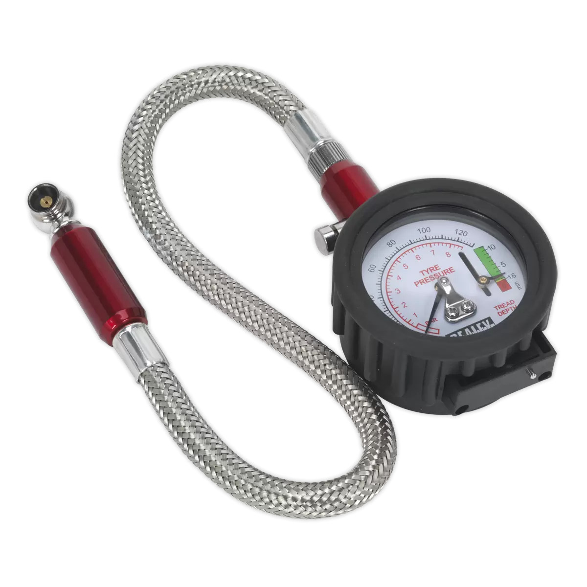 Sealey - TSTPDG02 - Tyre Pressure Gauge & Tyre Tread Depth Gauge with Flexible Hose 0-8bar(0-120psi)