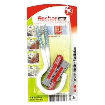 Fischer DuoPower Universal Plug W/ Nylon Coated Round Hook Pack (1 x 5 cm, 2 Pc.)